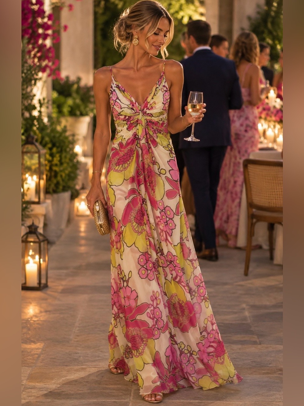 Melinda Eng 100% Silk Chiffon Floral Maxi Gown Dress Size 8 Pink Green Made USA